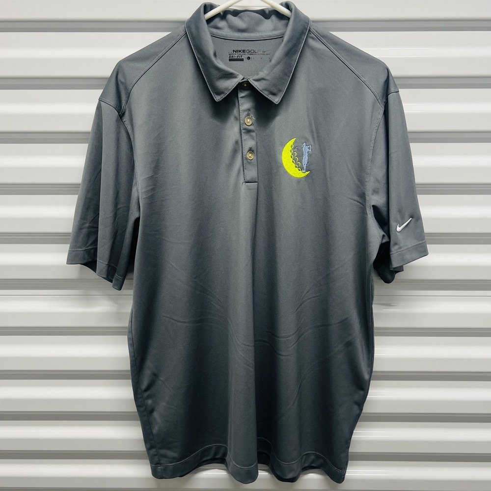 Nike Golf Polo Shirt Size Large Mens Gray Dri-FIT Moon‎ Golfer Embroidered Logo